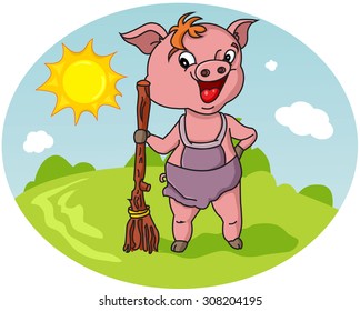 a pig with a broom