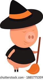 Pig with a broom , illustration, vector on white background