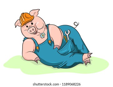 pig Builder in hard hat and blue work suit, suitable for construction and repair firms. Symbol of year.