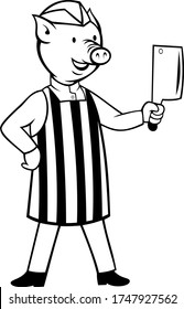 Pig Butcher Holding A Meat Cleaver Knife Cartoon Black and White