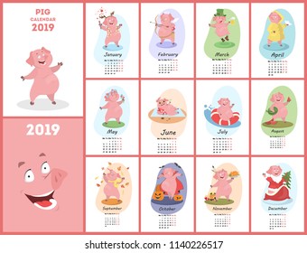 Pig calendar for 2019. Cute month calendar with funny pig. Week starts on monday. Vector illustration in cartoon style.