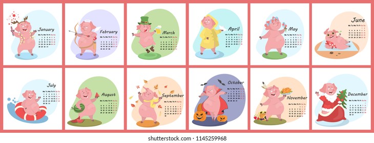 Pig calendar for 2019. Cute month calendar with funny pig. Week starts on monday. Vector illustration in cartoon style.