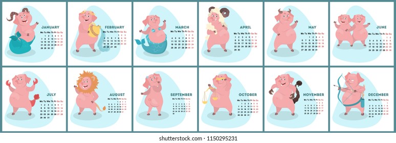 Pig calendar for 2019. Cute month calendar with horoscope signs. Week starts on monday. Vector illustration in cartoon style.