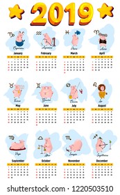 Pig calendar for 2019. Cute month calendar with horoscope signs. Week starts on sunday. Vector illustration in cartoon style.