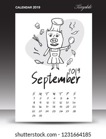 Pig calendar for 2019, Lettering calendar, September 2019 template, hand-drawn pig cartoon vector illustration Can be used for postcard, gift card, banner, poster, card and printable, china calendar