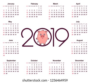 Pig calendar for 2019. Symbol of the year in the Chinese calendar. Simple Vector Template. Stationery Design Template. Isolated vector illustration on white background.