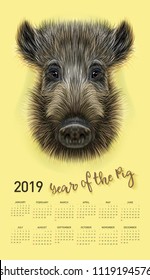 Pig calendar for 2019. Vector editable template with concept. Symbol of the year in the Chinese calendar. Realistic vector illustration of wild boar.