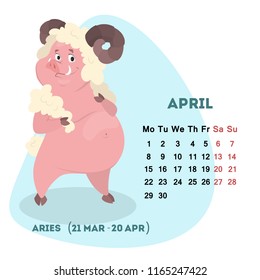 Pig calendar for April 2019. Cute month calendar with horoscope sign aries. Week starts on monday. Vector illustration in cartoon style.