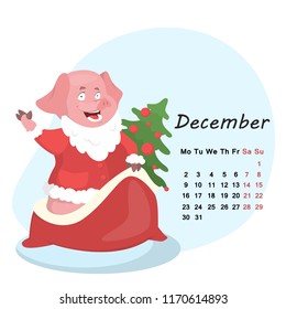 Pig calendar for December 2019. Cute month calendar with funny Santa Claus pig holding tree. Week starts on monday. Vector illustration in cartoon style.