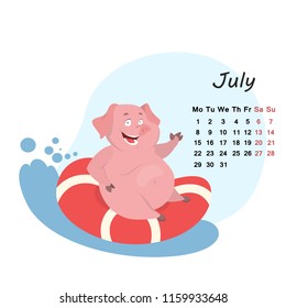 Pig calendar for July 2019. Cute month calendar with funny pig. Week starts on monday. Vector illustration in cartoon style.