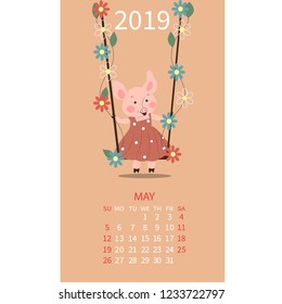 Pig calendar for May 2019. Cute month calendar with horoscope sign Taurus, Gemini. The week starts on Sunday. Vector illustration in cartoon style.