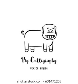 Pig calligraphy emblem. Vector abstract animal sign in lettering style