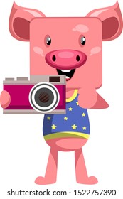 Schweinefleisch mit Kamera, Illustration, Vektorgrafik auf weißem Hintergrund.