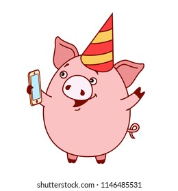 pig in the cap takes a selfie on his smartphone. The symbol of the New year in the Chinese calendar. 2019. Vector. Illustrations for postcards, stickers, posters.