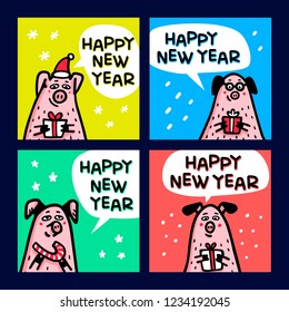 Pig cards set. Funny pigs with candy canes, gifts and santa hats. 2019 Chinese New Year symbol. Doodle style characters for greeting cards, print, icon, sticker. Vector illustration