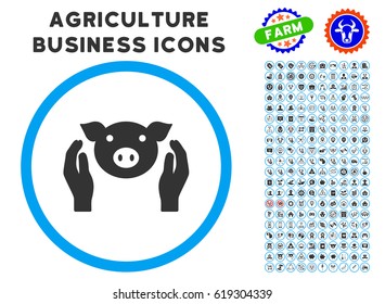 Pig Care Hands rounded icon with agriculture business icon clipart. Vector illustration style is a flat iconic symbol inside a circle, blue and gray colors. Designed for web and software interfaces.
