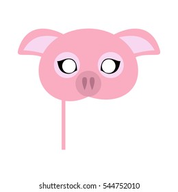 Pig carnival mask vector illustration in flat style. Pink pig domestic animal face. Funny childish masquerade mask isolated on white. New Year masque for festivals, holiday dress code for kids