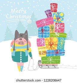 
 Cute pig carries sled presents through snow forest in December and January