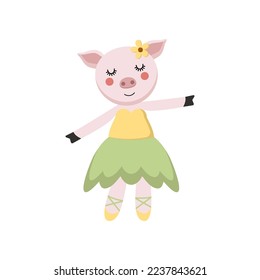 Pig cartoon character as ballerina in tutu skirt. Cute comic animal in dress dancing vector illustration. Ballet, fashion concept for kids or little girls