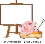 Pig cartoon character and blank banner on white background illustration