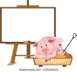 Pig cartoon character and blank banner on white background illustration