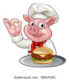 A pig cartoon character chef holding a cheese burger on a plate 