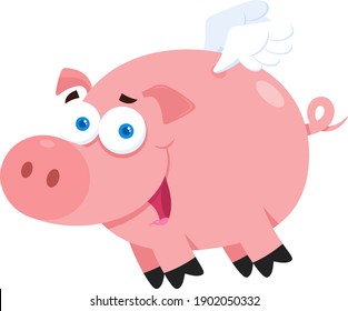 Pig Cartoon Character Flying In Sky. Vector Illustration Flat Design Isolated On Transparent Background