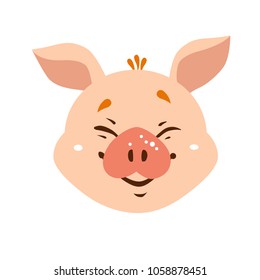 Pig cartoon character icon. Pig emoji happy face.