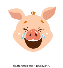 Pig cartoon character icon. Pig emoji laughing face.
