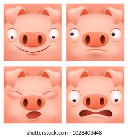 Pig cartoon character icon set Square button collection. Vector illustration