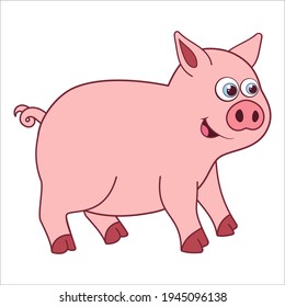 Pig. Cartoon character Piglet isolated on white background. Piggy. Template of cute farm animal. Education card for kids learning animals. Suitable for decoration and design. Vector in cartoon style.