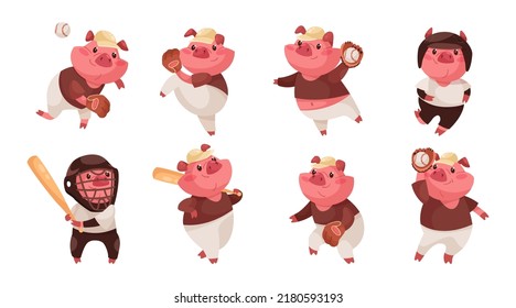 Pig cartoon character playing baseball vector illustrations set. Cute comic pink animal cartoon character in uniform with bat, glove, catching or throwing ball. Sports, baseball concept