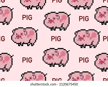 Pig cartoon character seamless pattern on pink background.Pixel style