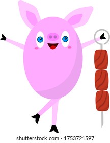 personaje de caricatura de cerdo sonriendo y posando con pedazos de carne frita en un objeto de brocheta sobre un concepto de comida de fondo blanco y cocina