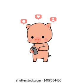 Pig cartoon character using social network on smartphone -vector