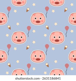 Pig cartoon so cute. On balloon star ice cream light blue background. Pattern seamless vector illustration. 