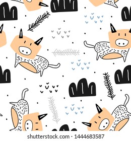 pig cartoon drawing seamless pattern background wallpaper vector scandinavian artistic hand drawn for baby and kids
