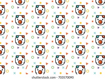 Pig cartoon flat design background, face pig pattern with square triangle circle line pattern  pop art color, in illustration and logo vector design