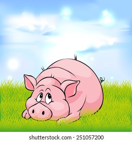 pig cartoon laying on green grass - vector illustration