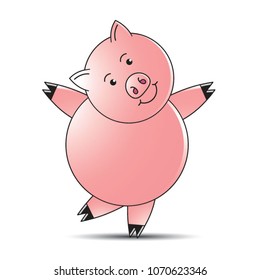 pig cartoon or mascot dancing with smile vector drawing