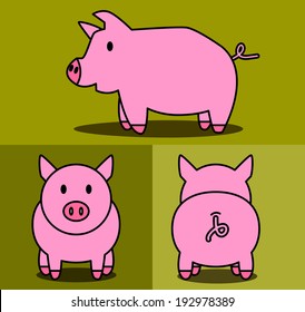 Pig cartoon pattern with side view, front view & back view. vector / illustration