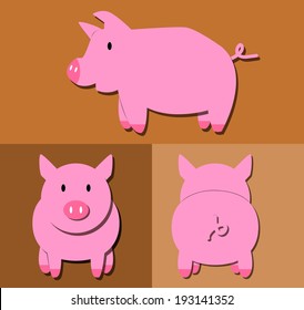 Pig cartoon pattern with side view, front view & back view. 