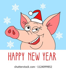 pig cartoon in the Santa Claus hat congratulates happy new year. Funny holiday background. Bright new year card.