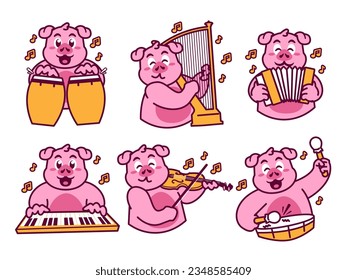 Pig Cartoon Sticker Playing music