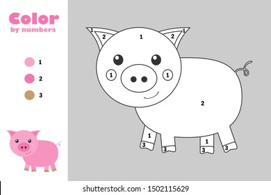 Pig in cartoon style, color by number, education paper game for the development of children, coloring page, kids preschool activity, printable worksheet, vector illustration