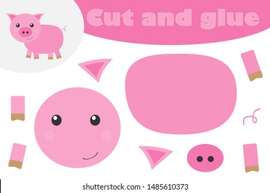 Pig in cartoon style, education game for the development of preschool children, use scissors and glue to create the applique, cut parts of the image and glue on the paper, vector illustration