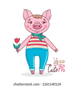 Pig in a cartoon style holding a tulip in his hand. Hand drawn style vector design for greeting card.  Cut pigs out of paper, crafts for children