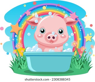 Pig cartoon taking a bath illustration