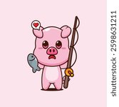 Pig cartoon vector illustration catching fish with fishing rod
Design element for poster, brochure, web, mascot, sticker, logo and icon.
