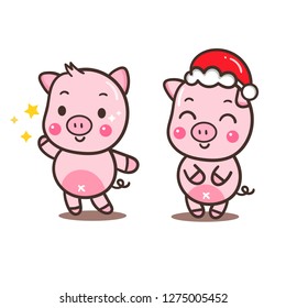 Pig cartoon of vector illustrations (Happy new year/Happy chinese new year) - card and Print for t-shirt. Romantic hand drawing or instructional media illustration for children.